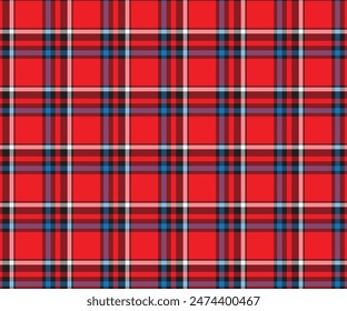 Plaid pattern, red, black, blue, white, seamless for textiles, and for designing clothing, skirts, pants or decorative fabric. Vector illustration.
