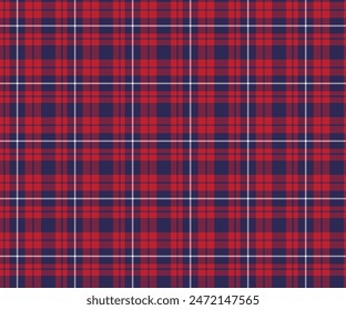 Plaid pattern, red, blue, white, seamless for textiles, and for designing clothing, skirts, pants or decorative fabric. Vector illustration.