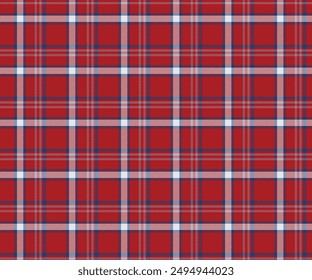 Plaid pattern, red, blue, white, seamless for textiles and designing clothing, skirts, pants, aprons, tablecloths, blankets or decorative fabrics. Vector illustration.