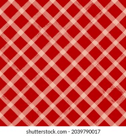Plaid pattern, red Christmas holiday seamless vector tartan background, Diagonal brush texture monochrome stripes, oblique lines