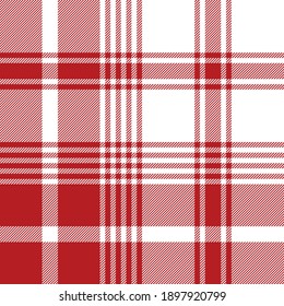 Plaid pattern in red and white. Christmas textured bright tartan seamless check plaid graphic for flannel shirt, blanket, duvet cover, tablecloth, or other modern winter fashion fabric design.