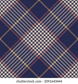 Plaid pattern for scarf, blanket, duvet cover, throw in navy blue, brown, gold yellow, beige. Seamless diagonal dark herringbone tartan check for modern spring autumn winter fashion textile design.