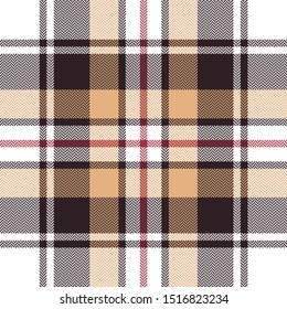 Plaid pattern seamless background. Tartan vector check plaid texture in black, red, light yellow, and white for scarf, blanket, throw, or other modern fabric design.