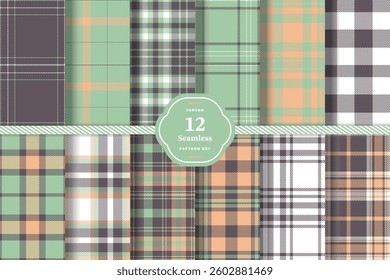 Plaid pattern seamless. Bright Canary and Smoky Charcoal Tartan Fabric Design. Set of 12