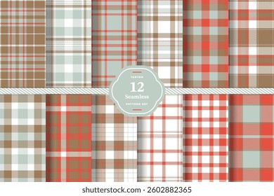 Plaid pattern seamless. Bright Vermillion and Rich Amber Tartan Fabric Design. Set of 12