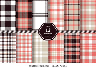 Plaid pattern seamless. Charcoal Gray and Classic Tartan Red Tartan Fabric Design. Set of 12