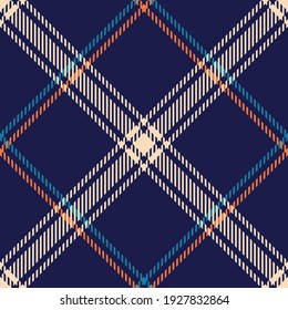 Plaid pattern seamless colorful background in navy blue and orange. Tartan large dark bright multicolored check art for flannel shirt, skirt, other modern summer autumn winter fashion textile design.