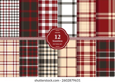Plaid pattern seamless. Deep Burgundy and Cool Graphite Tartan Fabric Design. Set of 12