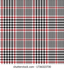 Plaid pattern. Seamless glen tartan check texture in black, red, white for jacket, skirt, trousers, coat, or other modern autumn or winter tweed fabric print. Herringbone texture.