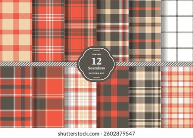 Plaid pattern seamless. Midnight Charcoal and Vintage Crimson Tartan Fabric Design. Set of 12