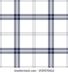 Plaid pattern seamless in navy blue, grey, white. Simple tartan plaid background graphic for spring summer autumn flannel shirt, poncho, blanket, other modern everyday fashion textile print.