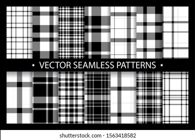 Plaid pattern seamless ornate. Set black white vector background. Fabric texture collection.