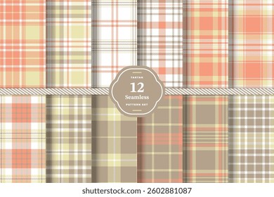 Plaid pattern seamless. Sandy Beige and Mellow Amber Tartan Fabric Design. Set of 12