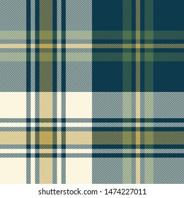 Plaid pattern. Seamless Scottish tartan check plaid in dark blue, green, gold, and beige for poncho, blanket, throw, or other modern textile design. Herringbone texture.