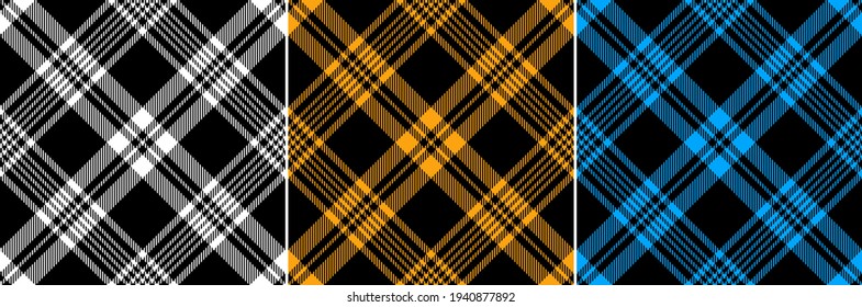 Plaid pattern seamless set in black, blue, yellow, white. Dark tartan check striped texture graphic vector for autumn winter flannel shirt, throw, other autumn winter everyday fashion textile print.