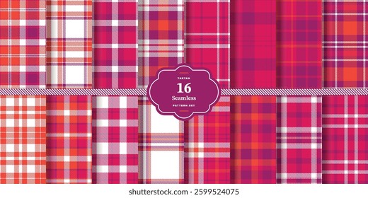Plaid pattern seamless. Soft Crimson and Warm Tangerine Tartan Textile Design. Set of 16