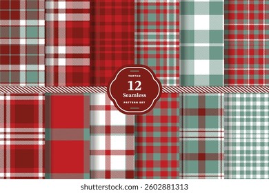Plaid pattern seamless. Soft Crimson and Deep Cardinal Tartan Fabric Design. Set of 12