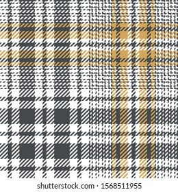 Plaid pattern seamless tartan vector background in grey, gold, and white. Glen abstract check plaid for jacket, coat, skirt, blanket, or other spring, summer, autumn, and winter tweed textile.