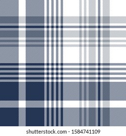 Plaid pattern seamless vector asymmetric background in navy blue, grey, white. Tartan check plaid for scarf, flannel shirt, blanket, duvet cover, or other fashion summer, autumn winter textile design.