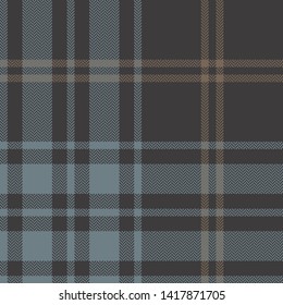 Plaid pattern seamless vector background. Dark tartan check plaid in grey, brown, and blue for modern fashion textile design. Herringbone pixel texture.