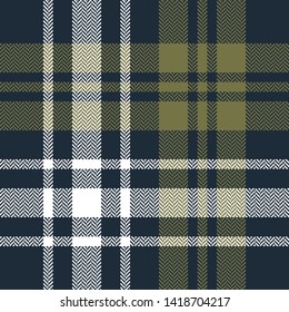 Plaid pattern seamless vector background. Tartan check plaid pattern in dark blue, olive green, and white for modern textile design. Herringbone texture.