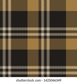 Plaid pattern seamless vector background in gold and grey. Tartan check plaid for modern everyday fabric design. Herringbone woven pixel texture.