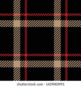 Plaid pattern seamless vector background in black, brown, and red for scarf, poncho, flannel shirt, or other modern everyday fashion textile design. Woven pixel texture.
