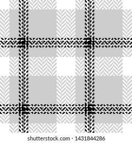 Plaid pattern seamless vector background in grey, black, and white for modern everyday fabric design. Decorative tartan pattern. Herringbone pixel texture.