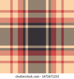 Plaid pattern seamless vector background. Tartan check plaid in dark brown, bright coral, and beige for poncho, blanket, throw, or other modern textile design.