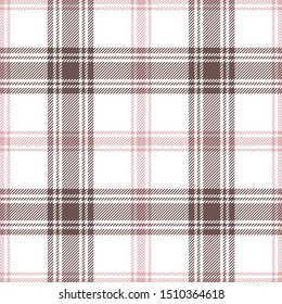 Plaid pattern seamless vector background. Tartan check plaid in light pink, brown, and white for flannel shirt or other modern textile design. Striped texture.
