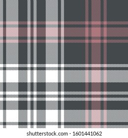 Plaid pattern seamless vector background in grey, pink, and white. Herringbone pixel check plaid for scarf, blanket, duvet cover, or other autumn, winter, and spring fashion textile design.