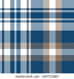 Plaid pattern seamless vector background. Herringbone pixel check plaid in blue, brown, white for scarf, flannel shirt, blanket, or other autumn winter fashion textile design.