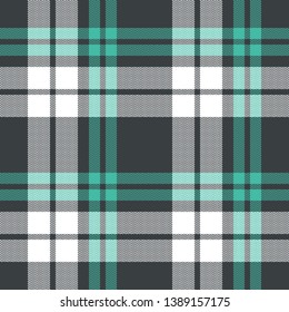Plaid pattern seamless vector graphic. Herringbone check plaid background in grey, green, and white for flannel shirt, scarf, poncho, blanket, packaging, or other textile designs. Pixel texture.