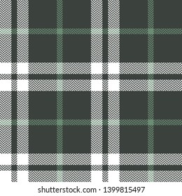 Plaid pattern seamless vector graphic in green and white. Herringbone tartan checked plaid for winter flannel shirt, poncho, throw, blanket, or other modern clothing design. Pixel texture.