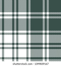 Plaid pattern seamless vector graphic in dark green and white. Tartan check plaid for flannel shirt, poncho, blanket, or other winter textile design. Herringbone pixel texture.