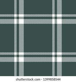 Plaid pattern seamless vector graphic. Herringbone tartan check plaid in dark green and white for flannel shirt, poncho, blanket, or other winter fashion textile design.