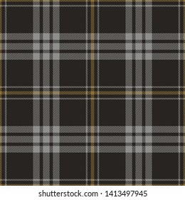 Plaid pattern seamless vector graphic. Dark tartan check plaid in gold and grey for modern fashion textile design. Hounds tooth stripe texture.