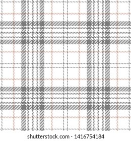 Plaid pattern seamless vector graphic in grey, beige, and white. Tartan stripe check plaid for modern textile design.