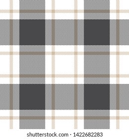 Plaid pattern seamless vector graphic. Tartan check plaid in grey, beige, and white for modern textile design. Herringbone pixel texture.