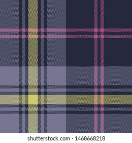 Plaid pattern seamless vector graphic in purple, green, and pink. Multicolored tartan check plaid for flannel shirt, poncho, blanket, or other modern textile design. Herringbone woven pixel texture.