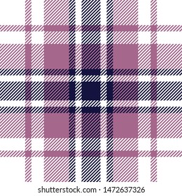 Plaid pattern seamless vector graphic. Tartan check plaid in dark blue, pink, and white for modern textile design.