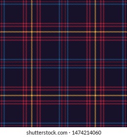 Plaid pattern seamless vector graphic. Scottish tartan check plaid in blue, red, and yellow for scarf, poncho, flannel shirt, blanket, or other modern textile print. Striped texture.