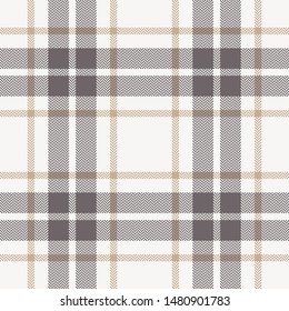 Plaid pattern seamless vector graphic in grey, beige, and off white. Tartan check plaid for flannel shirt, scarf, skirt, poncho, blanket, or other modern fabric design. Herringbone woven texture.