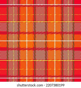 Plaid pattern seamless vector graphic. Tartan check plaid in bright red, yellow, orange and white for modern textile print.