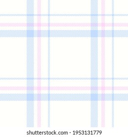 Plaid pattern seamless vector in pastel blue, pink, white. Asymmetric herringbone light tartan check for flannel shirt, scarf, skirt, throw, other modern spring autumn winter fashion fabric print.