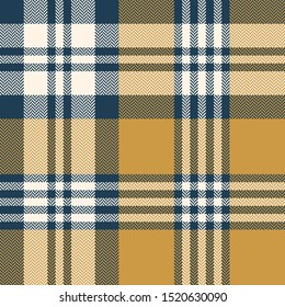 Plaid pattern seamless vector texture. Herringbone tartan check plaid background in gold, blue, and off white for flannel shirt, blanket, throw, duvet cover, or other modern textile design.