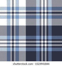 Plaid pattern seamless vector texture. Herringbone pixel tartan check plaid background in blue and white for flannel shirt, blanket, throw, duvet cover, or other modern textile design.