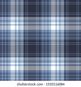 Plaid pattern seamless vector texture. Tartan check plaid background in blue and white for flannel shirt, skirt, blanket, throw, duvet cover, or other modern textile design.
