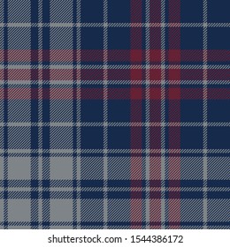 Plaid pattern seamless vector texture. Woven dark tartan check plaid background in blue, bordo red, and grey for flannel shirt, blanket, throw, or other modern autumn or winter textile design.