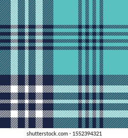 Plaid pattern seamless vector texture. Striped tartan check plaid background in dark blue, turquoise, and white for flannel shirt, blanket, throw, duvet cover, or other modern textile design.